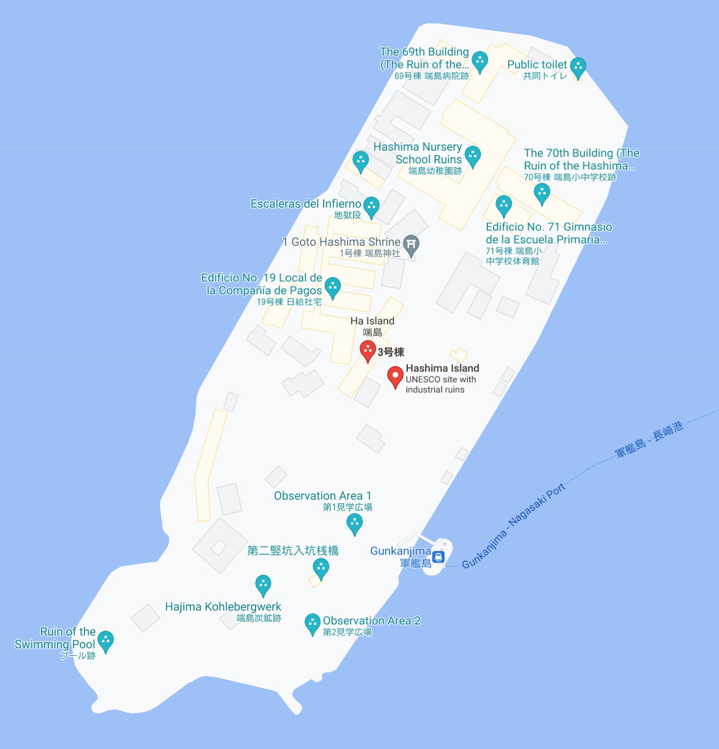 端岛地图,标记有律子家曾居住的3号楼。